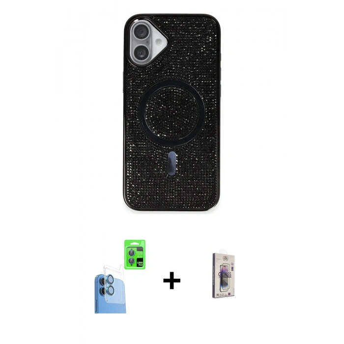MARSİLYAN™- iPhone 16 Plus Kılıf Eksen Çizgi - Siyah Bilvis 3D Cam Ekran Koruyucu + Raze Metal Kamera Lens - LT