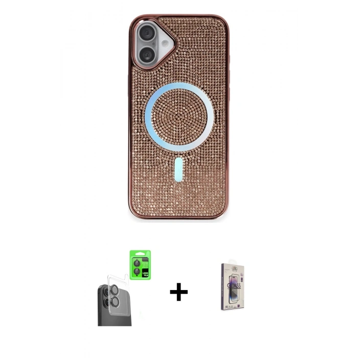 MARSİLYAN™- iPhone 16 Plus Kılıf Eksen Çizgi - Siyah Bilvis 3D Cam Ekran Koruyucu + Raze Metal Kamera Lens - SH