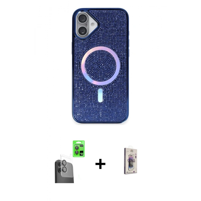 MARSİLYAN™- iPhone 16 Plus Kılıf Eksen Çizgi - Siyah Bilvis 3D Cam Ekran Koruyucu + Raze Metal Kamera Lens - SH