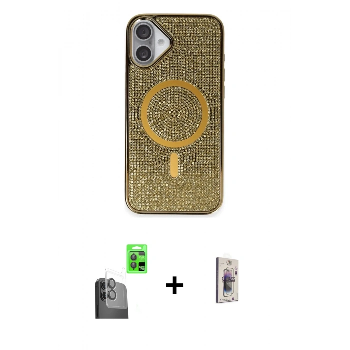 MARSİLYAN™- iPhone 16 Plus Kılıf Eksen Çizgi - Siyah Bilvis 3D Cam Ekran Koruyucu + Raze Metal Kamera Lens - SH