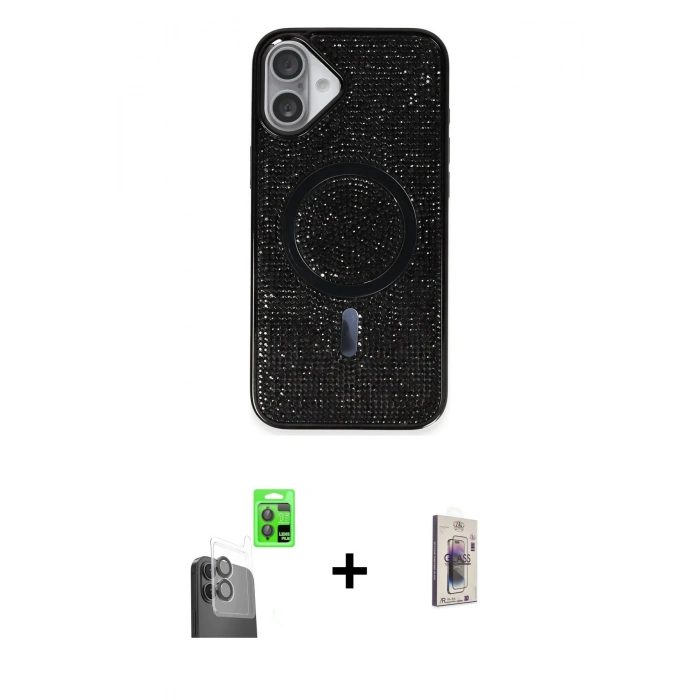 MARSİLYAN™- iPhone 16 Plus Kılıf Eksen Çizgi - Siyah Bilvis 3D Cam Ekran Koruyucu + Raze Metal Kamera Lens - SH