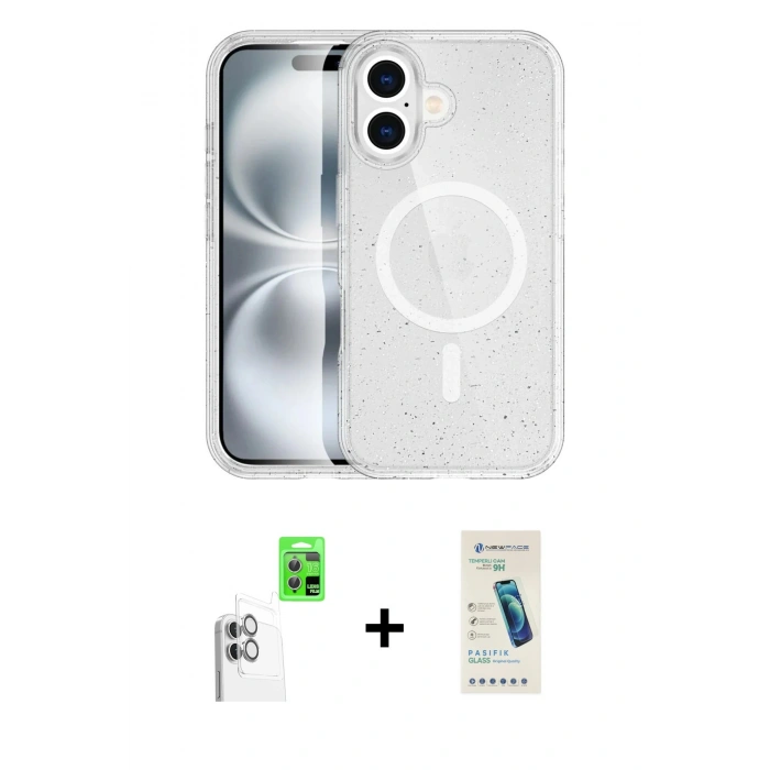 MARSİLYAN™- iPhone 16 Plus Kılıf Eksen Doku Koleksiyonu - Şeffaf Pasifik Cam Ekran Koruyucu + Raze Metal Kamera Lens - BZ