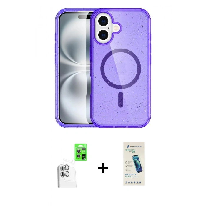 MARSİLYAN™- iPhone 16 Plus Kılıf Eksen Doku Koleksiyonu - Şeffaf Pasifik Cam Ekran Koruyucu + Raze Metal Kamera Lens - BZ
