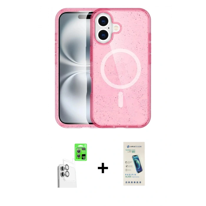 MARSİLYAN™- iPhone 16 Plus Kılıf Eksen Doku Koleksiyonu - Şeffaf Pasifik Cam Ekran Koruyucu + Raze Metal Kamera Lens - BZ