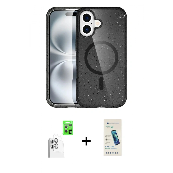 MARSİLYAN™- iPhone 16 Plus Kılıf Eksen Doku Koleksiyonu - Şeffaf Pasifik Cam Ekran Koruyucu + Raze Metal Kamera Lens - BZ
