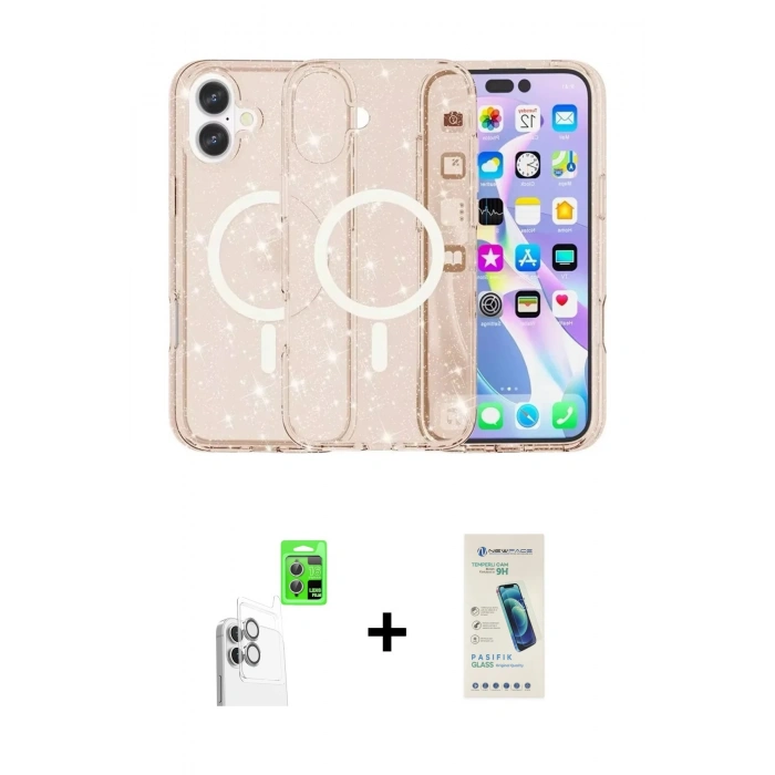MARSİLYAN™- iPhone 16 Plus Kılıf Eksen Doku Koleksiyonu - Şeffaf Pasifik Cam Ekran Koruyucu + Raze Metal Kamera Lens - BZ