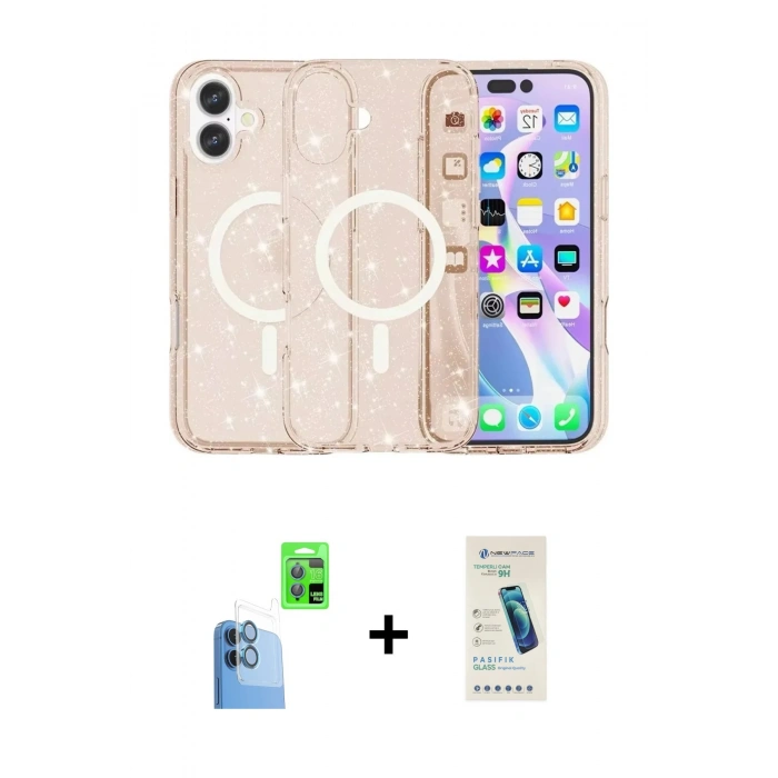 MARSİLYAN™- iPhone 16 Plus Kılıf Eksen Doku Koleksiyonu - Şeffaf Pasifik Cam Ekran Koruyucu + Raze Metal Kamera Lens - LT