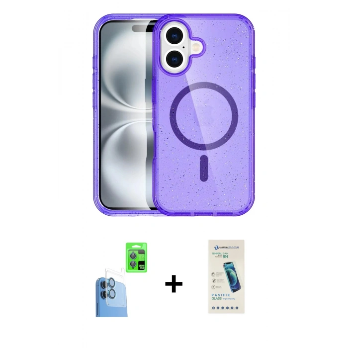 MARSİLYAN™- iPhone 16 Plus Kılıf Eksen Doku Koleksiyonu - Şeffaf Pasifik Cam Ekran Koruyucu + Raze Metal Kamera Lens - LT