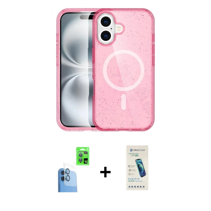 MARSİLYAN™- iPhone 16 Plus Kılıf Eksen Doku Koleksiyonu - Şeffaf Pasifik Cam Ekran Koruyucu + Raze Metal Kamera Lens - LT
