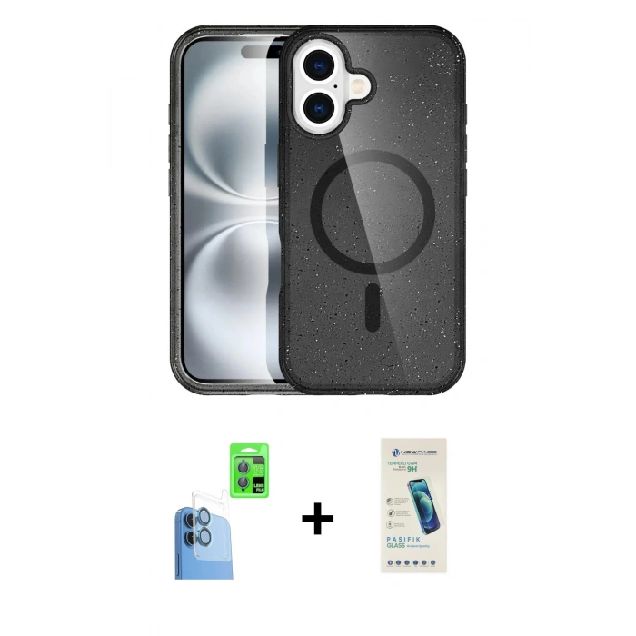 MARSİLYAN™- iPhone 16 Plus Kılıf Eksen Doku Koleksiyonu - Şeffaf Pasifik Cam Ekran Koruyucu + Raze Metal Kamera Lens - LT