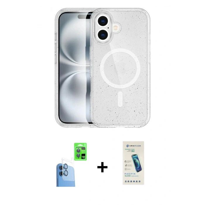 MARSİLYAN™- iPhone 16 Plus Kılıf Eksen Doku Koleksiyonu - Şeffaf Pasifik Cam Ekran Koruyucu + Raze Metal Kamera Lens - LT
