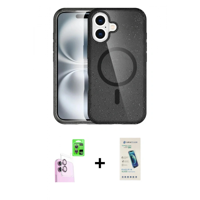 MARSİLYAN™- iPhone 16 Plus Kılıf Eksen Doku Koleksiyonu - Şeffaf Pasifik Cam Ekran Koruyucu + Raze Metal Kamera Lens - PE
