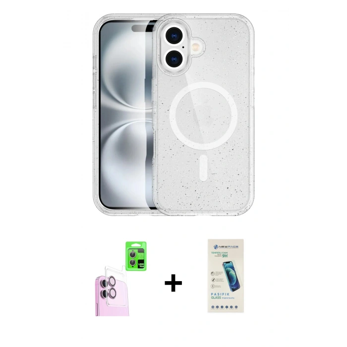 MARSİLYAN™- iPhone 16 Plus Kılıf Eksen Doku Koleksiyonu - Şeffaf Pasifik Cam Ekran Koruyucu + Raze Metal Kamera Lens - PE