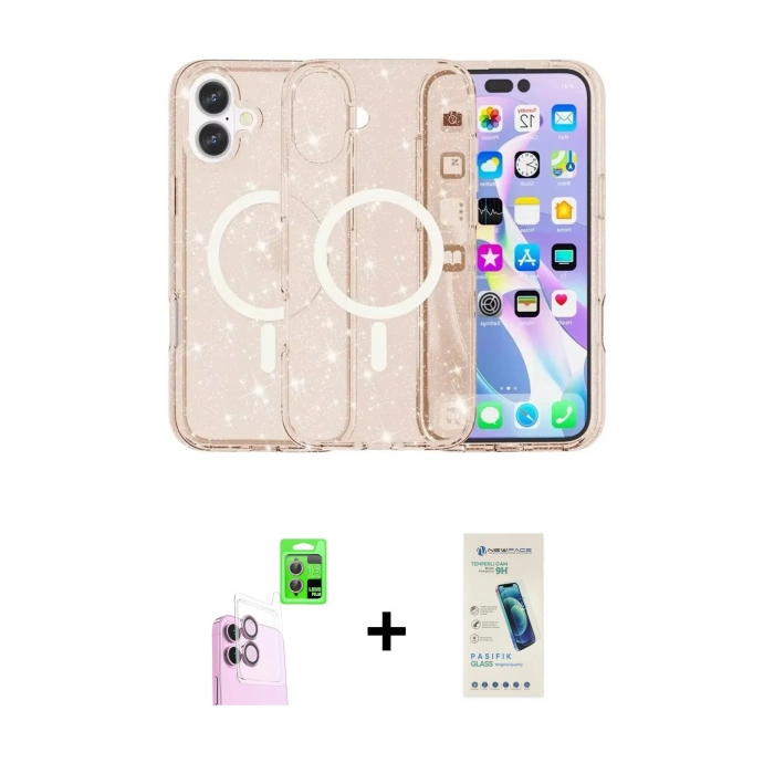 MARSİLYAN™- iPhone 16 Plus Kılıf Eksen Doku Koleksiyonu - Şeffaf Pasifik Cam Ekran Koruyucu + Raze Metal Kamera Lens - PE