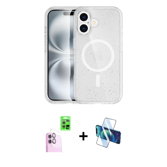MARSİLYAN™- iPhone 16 Plus Kılıf Eksen Doku Koleksiyonu - Siyah 3D Antistatik Cam Ekran Koruyucu + Raze Metal Kamera Lens - PE