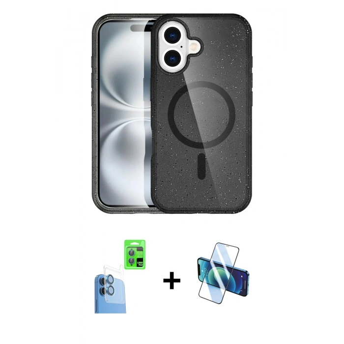 MARSİLYAN™- iPhone 16 Plus Kılıf Eksen Doku Koleksiyonu - Siyah 3D Antistatik Cam Ekran Koruyucu + Raze Metal Kamera Lens - LT