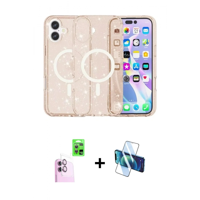 MARSİLYAN™- iPhone 16 Plus Kılıf Eksen Doku Koleksiyonu - Siyah 3D Antistatik Cam Ekran Koruyucu + Raze Metal Kamera Lens - PE