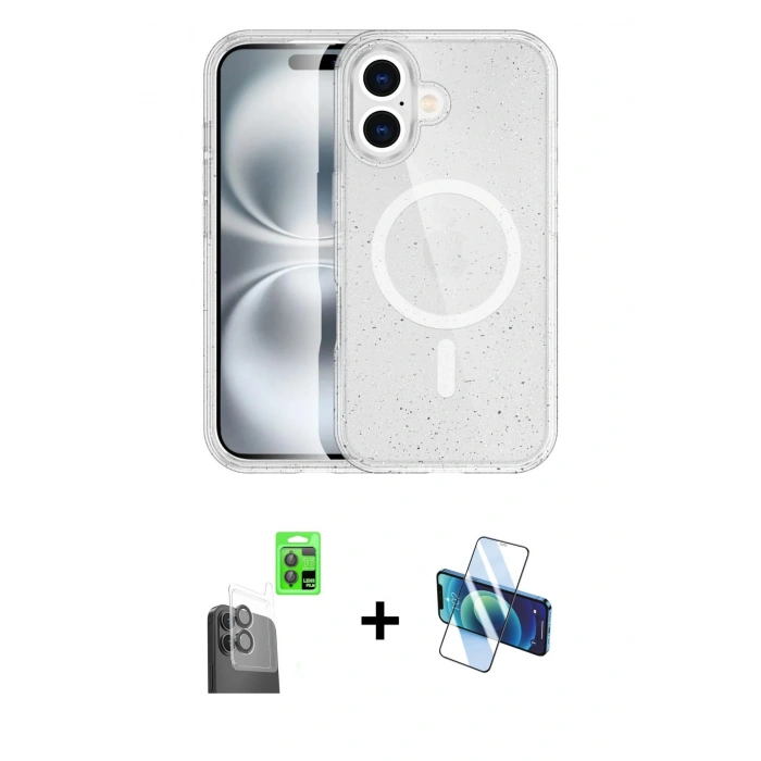 MARSİLYAN™- iPhone 16 Plus Kılıf Eksen Doku Koleksiyonu - Siyah 3D Antistatik Cam Ekran Koruyucu + Raze Metal Kamera Lens - SH