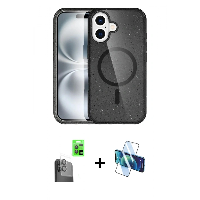 MARSİLYAN™- iPhone 16 Plus Kılıf Eksen Doku Koleksiyonu - Siyah 3D Antistatik Cam Ekran Koruyucu + Raze Metal Kamera Lens - SH