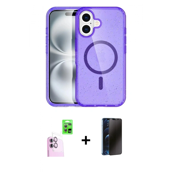 MARSİLYAN™- iPhone 16 Plus Kılıf Eksen Doku Koleksiyonu - Siyah 3D Antistatik Hayalet Cam Ekran Koruyucu + Raze Metal Kamera Lens - PE
