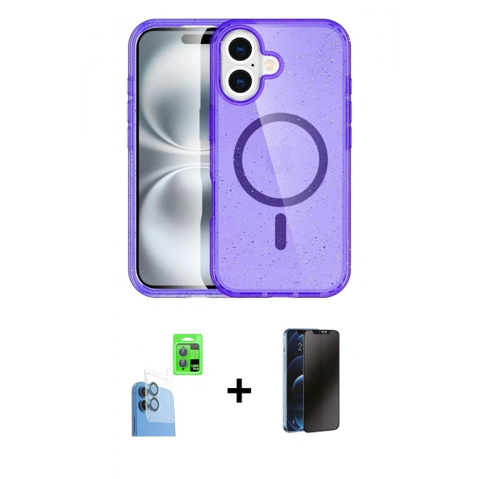 MARSİLYAN™- iPhone 16 Plus Kılıf Eksen Doku Koleksiyonu - Siyah 3D Antistatik Hayalet Cam Ekran Koruyucu + Lacivert Raze Metal Kamera Lens