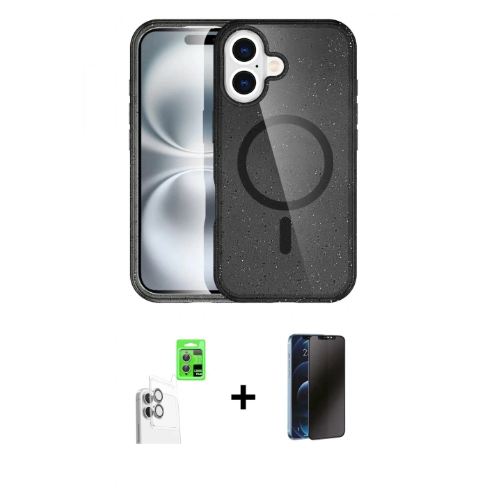MARSİLYAN™- iPhone 16 Plus Kılıf Eksen Doku Koleksiyonu - Siyah 3D Antistatik Hayalet Cam Ekran Koruyucu + Raze Metal Kamera Lens - BZ