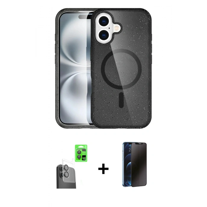MARSİLYAN™- iPhone 16 Plus Kılıf Eksen Doku Koleksiyonu - Siyah 3D Antistatik Hayalet Cam Ekran Koruyucu + Raze Metal Kamera Lens - SH