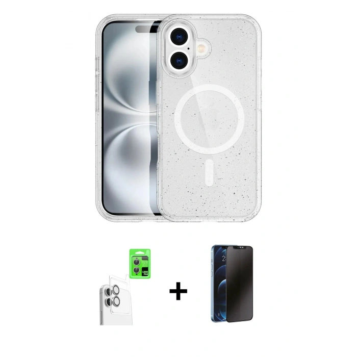 MARSİLYAN™- iPhone 16 Plus Kılıf Eksen Doku Koleksiyonu - Siyah 3D Antistatik Hayalet Cam Ekran Koruyucu + Raze Metal Kamera Lens - BZ