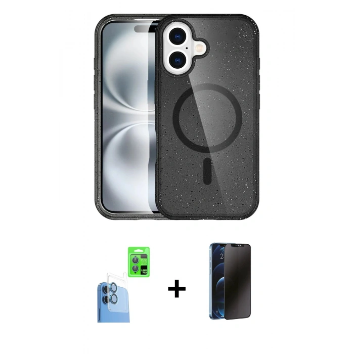 MARSİLYAN™- iPhone 16 Plus Kılıf Eksen Doku Koleksiyonu - Siyah 3D Antistatik Hayalet Cam Ekran Koruyucu + Lacivert Raze Metal Kamera Lens