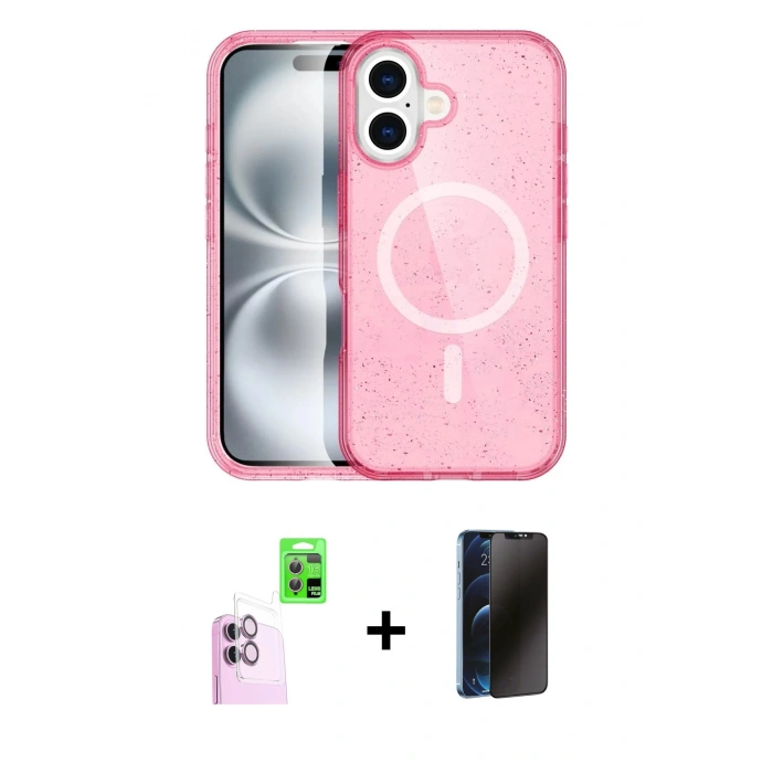MARSİLYAN™- iPhone 16 Plus Kılıf Eksen Doku Koleksiyonu - Siyah 3D Antistatik Hayalet Cam Ekran Koruyucu + Raze Metal Kamera Lens - PE
