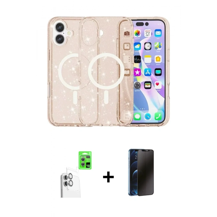 MARSİLYAN™- iPhone 16 Plus Kılıf Eksen Doku Koleksiyonu - Siyah 3D Antistatik Hayalet Cam Ekran Koruyucu + Raze Metal Kamera Lens - BZ