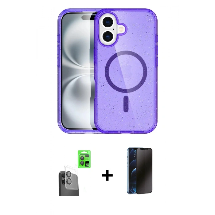 MARSİLYAN™- iPhone 16 Plus Kılıf Eksen Doku Koleksiyonu - Siyah 3D Antistatik Hayalet Cam Ekran Koruyucu + Raze Metal Kamera Lens - SH