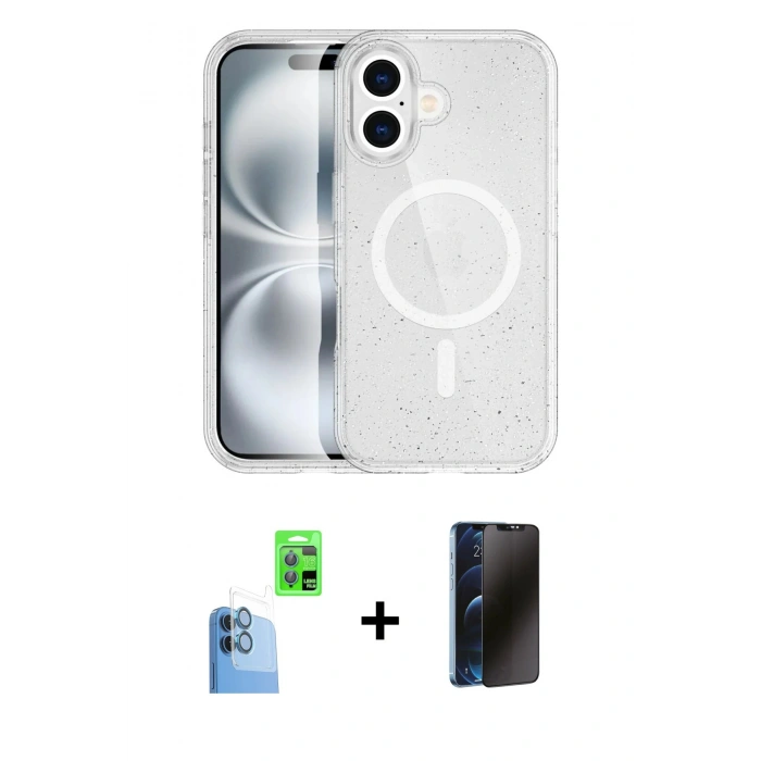 MARSİLYAN™- iPhone 16 Plus Kılıf Eksen Doku Koleksiyonu - Siyah 3D Antistatik Hayalet Cam Ekran Koruyucu + Lacivert Raze Metal Kamera Lens