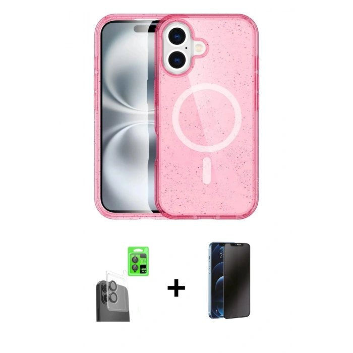 MARSİLYAN™- iPhone 16 Plus Kılıf Eksen Doku Koleksiyonu - Siyah 3D Antistatik Hayalet Cam Ekran Koruyucu + Raze Metal Kamera Lens - SH