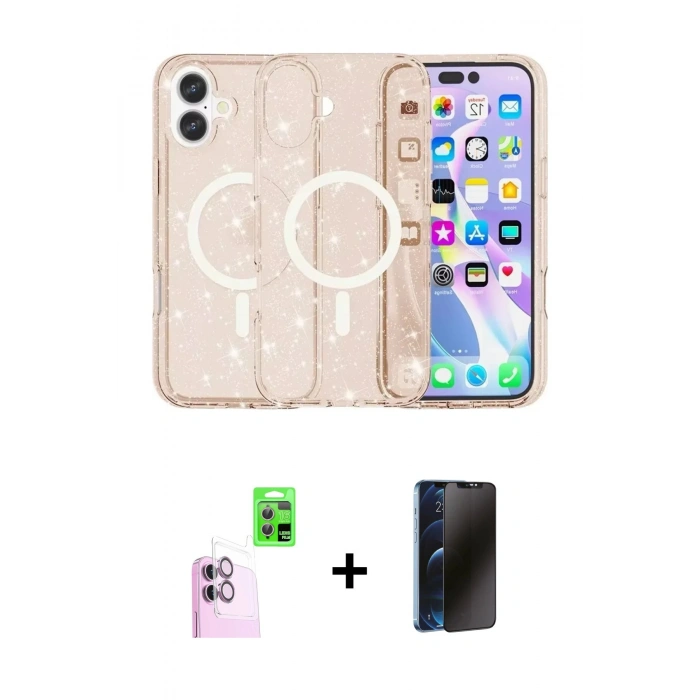 MARSİLYAN™- iPhone 16 Plus Kılıf Eksen Doku Koleksiyonu - Siyah 3D Antistatik Hayalet Cam Ekran Koruyucu + Raze Metal Kamera Lens - PE