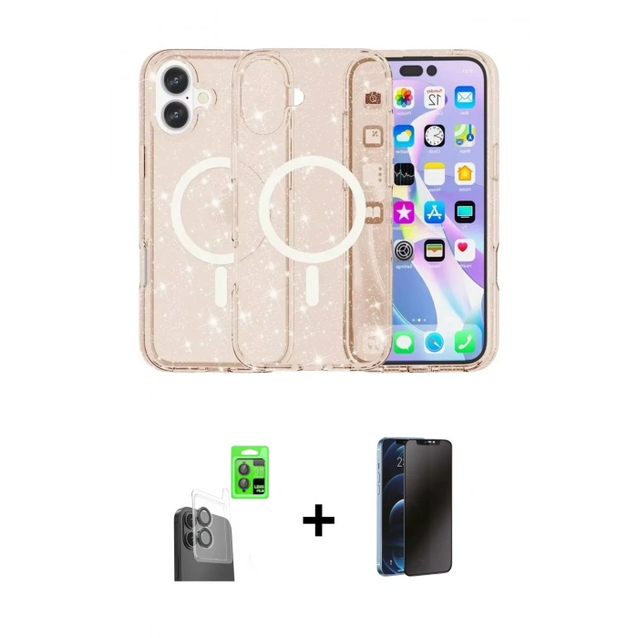 MARSİLYAN™- iPhone 16 Plus Kılıf Eksen Doku Koleksiyonu - Siyah 3D Antistatik Hayalet Cam Ekran Koruyucu + Raze Metal Kamera Lens - SH