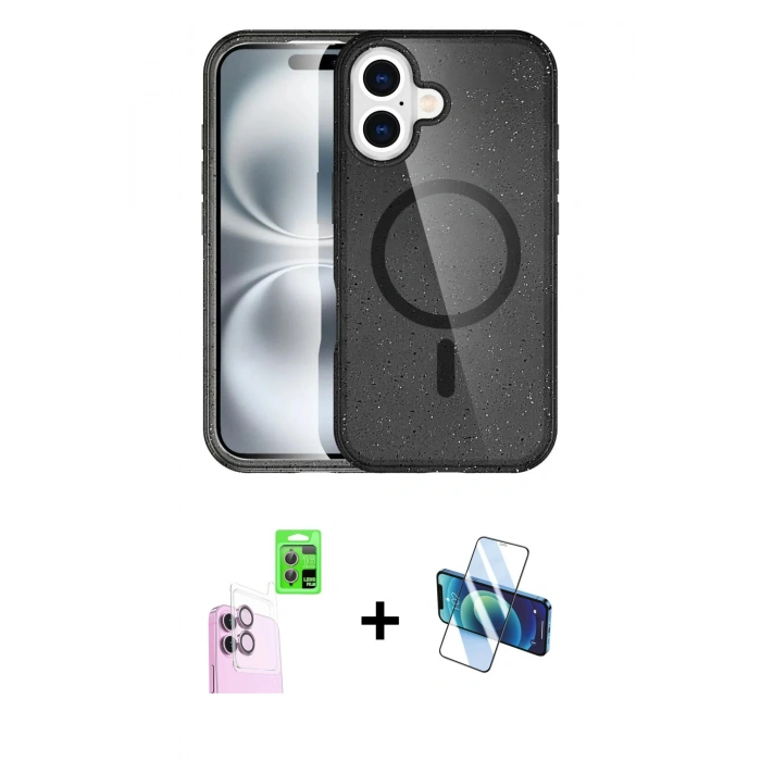 MARSİLYAN™- iPhone 16 Plus Kılıf Eksen Doku Koleksiyonu - Siyah 3D Antistatik Seramik Nano Ekran Koruyucu + Raze Metal Kamera Lens - PE
