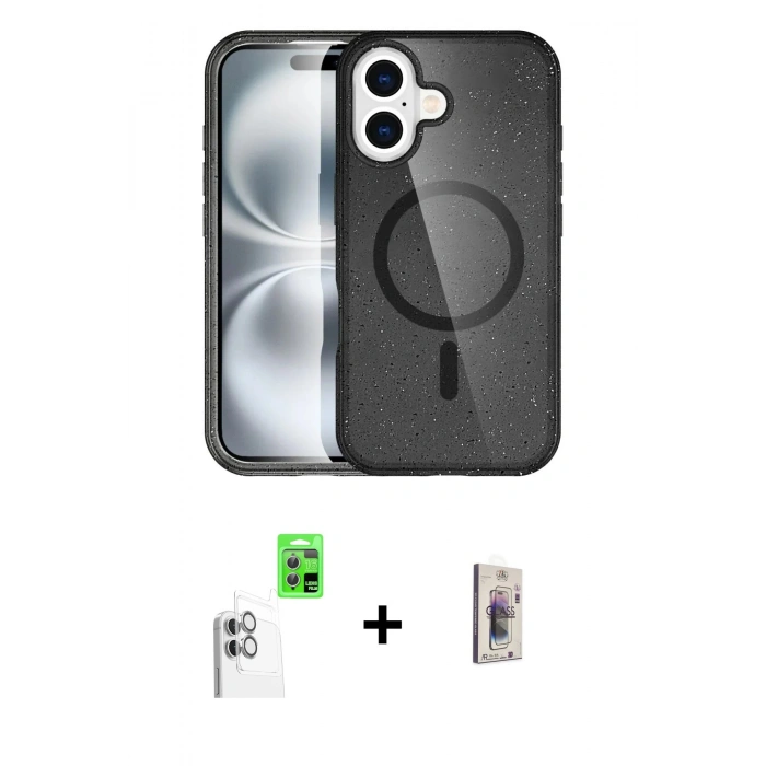 MARSİLYAN™- iPhone 16 Plus Kılıf Eksen Doku Koleksiyonu - Siyah Bilvis 3D Cam Ekran Koruyucu + Raze Metal Kamera Lens - BZ