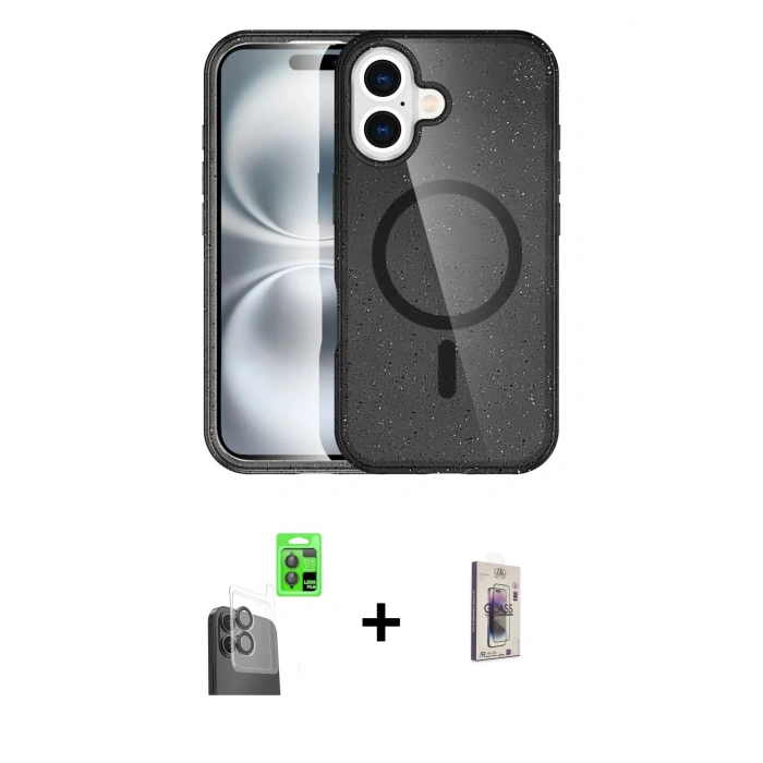 MARSİLYAN™- iPhone 16 Plus Kılıf Eksen Doku Koleksiyonu - Siyah Bilvis 3D Cam Ekran Koruyucu + Siyah Raze Metal Kamera Lens