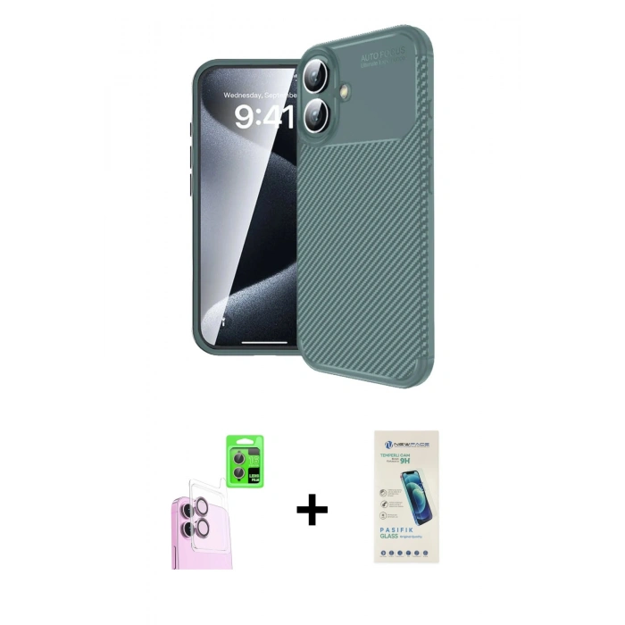 MARSİLYAN™- iPhone 16 Plus Kılıf Eksen Form Prime - Şeffaf Pasifik Cam Ekran Koruyucu + Raze Metal Kamera Lens - PE