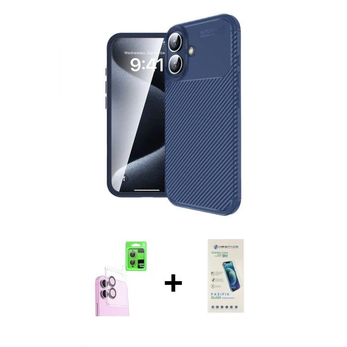 MARSİLYAN™- iPhone 16 Plus Kılıf Eksen Form Prime - Şeffaf Pasifik Cam Ekran Koruyucu + Raze Metal Kamera Lens - PE