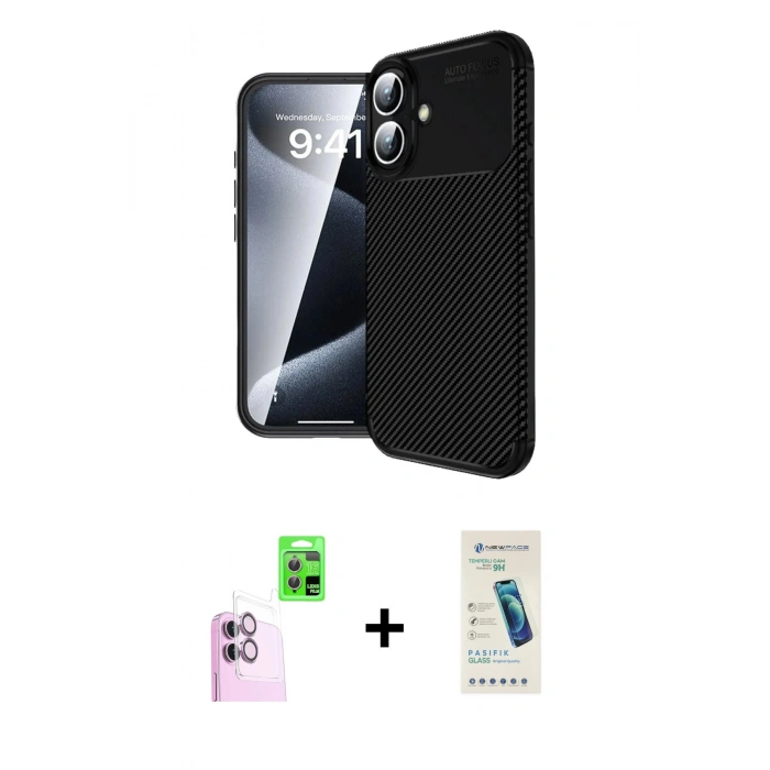 MARSİLYAN™- iPhone 16 Plus Kılıf Eksen Form Prime - Şeffaf Pasifik Cam Ekran Koruyucu + Raze Metal Kamera Lens - PE