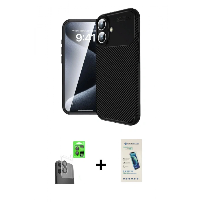 MARSİLYAN™- iPhone 16 Plus Kılıf Eksen Form Prime - Şeffaf Pasifik Cam Ekran Koruyucu + Siyah Raze Metal Kamera Lens