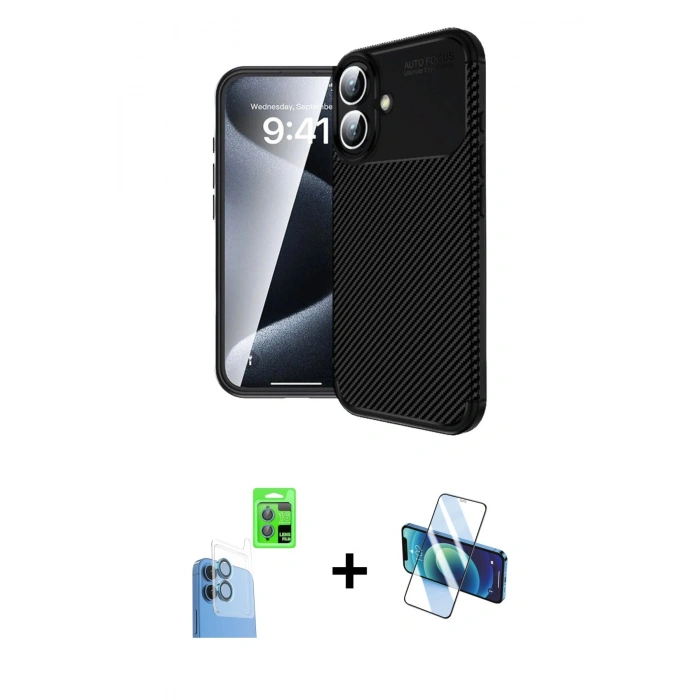 MARSİLYAN™- iPhone 16 Plus Kılıf Eksen Form Prime - Siyah 3D Antistatik Cam Ekran Koruyucu + Raze Metal Kamera Lens - LT