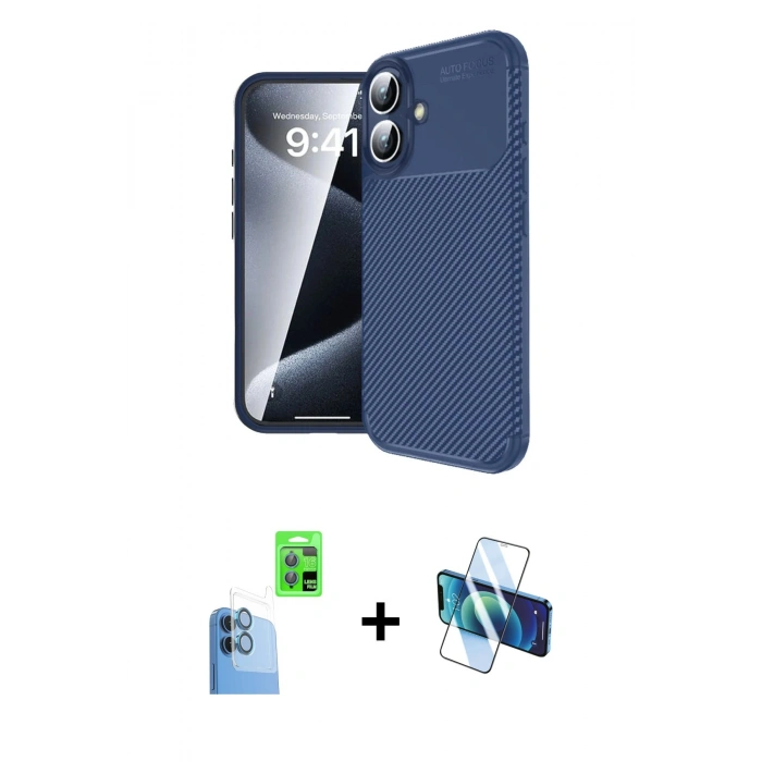 MARSİLYAN™- iPhone 16 Plus Kılıf Eksen Form Prime - Siyah 3D Antistatik Cam Ekran Koruyucu + Raze Metal Kamera Lens - LT