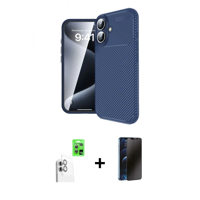 MARSİLYAN™- iPhone 16 Plus Kılıf Eksen Form Prime - Siyah 3D Antistatik Hayalet Cam Ekran Koruyucu + Raze Metal Kamera Lens - BZ