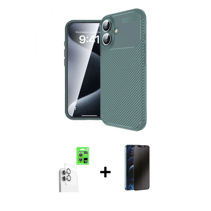 MARSİLYAN™- iPhone 16 Plus Kılıf Eksen Form Prime - Siyah 3D Antistatik Hayalet Cam Ekran Koruyucu + Raze Metal Kamera Lens - BZ