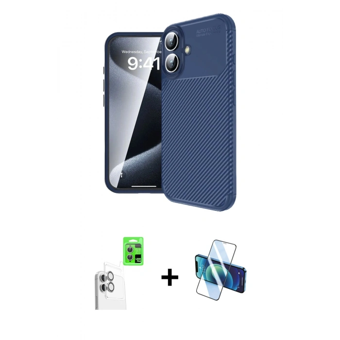 MARSİLYAN™- iPhone 16 Plus Kılıf Eksen Form Prime - Siyah 3D Antistatik Seramik Nano Ekran Koruyucu + Raze Metal Kamera Lens - BZ