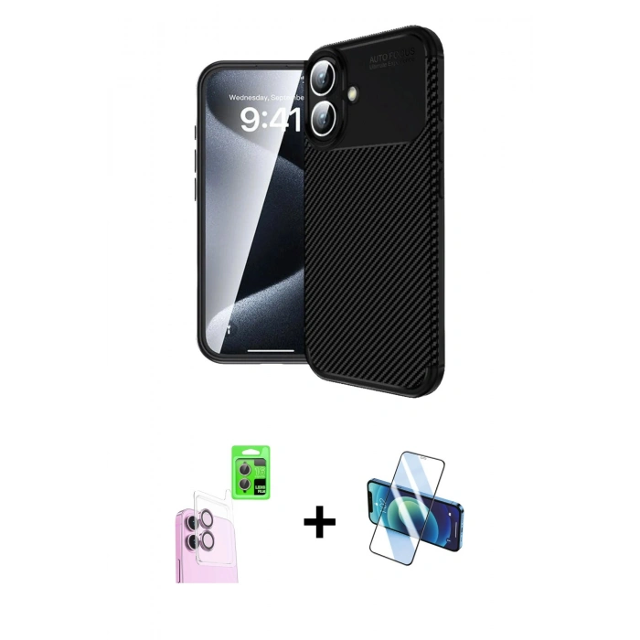 MARSİLYAN™- iPhone 16 Plus Kılıf Eksen Form Prime - Siyah 3D Antistatik Seramik Nano Ekran Koruyucu + Raze Metal Kamera Lens - PE