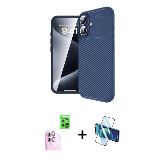 MARSİLYAN™- iPhone 16 Plus Kılıf Eksen Form Prime - Siyah 3D Antistatik Seramik Nano Ekran Koruyucu + Raze Metal Kamera Lens - PE